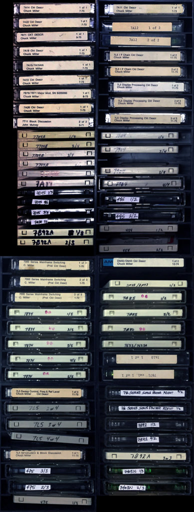 Rows of labeled audio cassette tapes on shelf