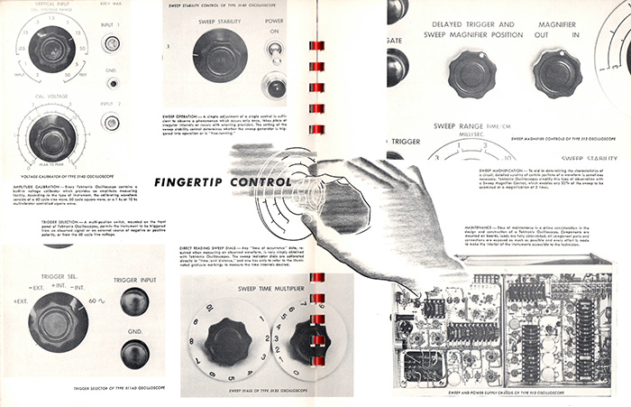 Illustration of a hand operating vintage control knobs and buttons.