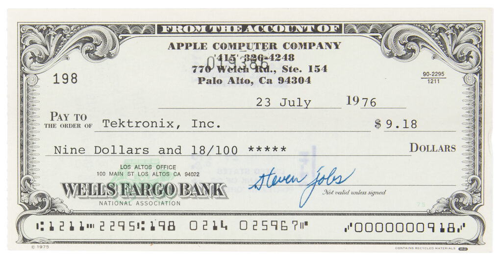 Vintage Apple Computer Company check dated 1976