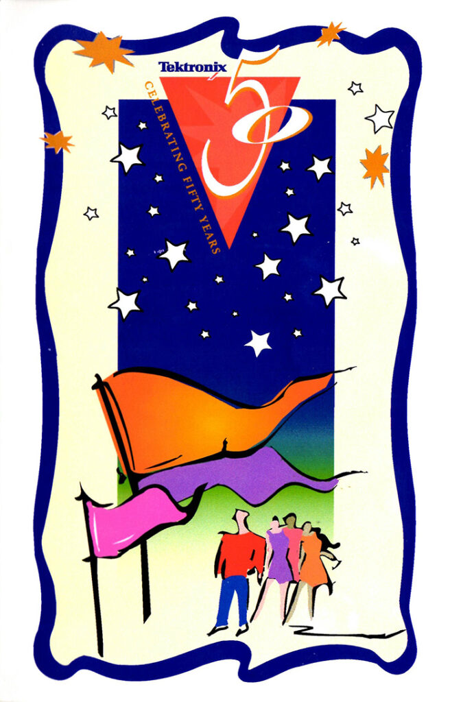 Colorful flags wave under a starry night sky with a crescent moon and sun.