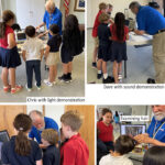 Children and adults engage in light and sound demonstrations during a learning event.
