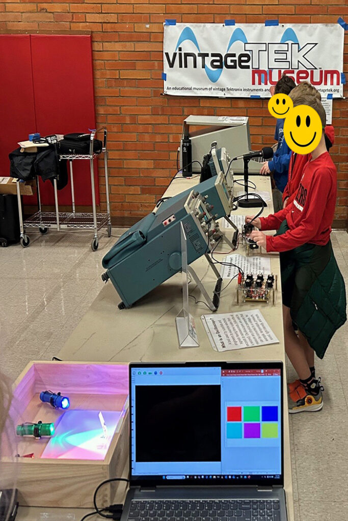 Children interacting with vintage electronics exhibit.